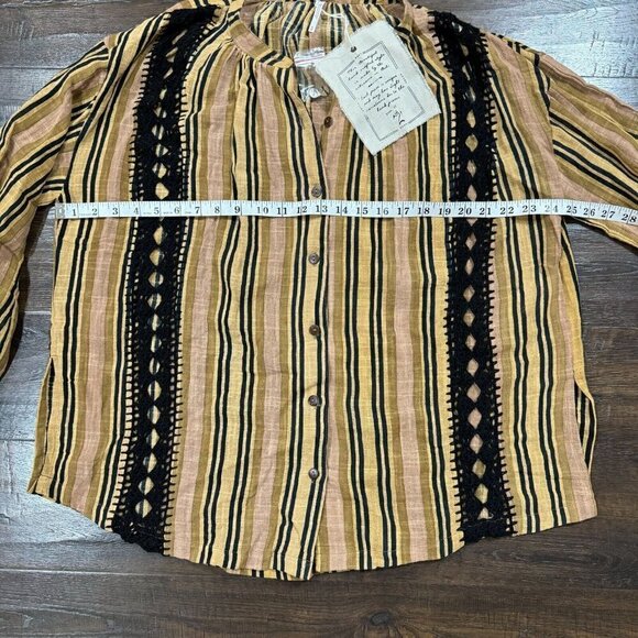 Free People Castaway Striped Button Front Long Sleeve Crochet Trim Boho Top Sz M - Picture 14 of 15